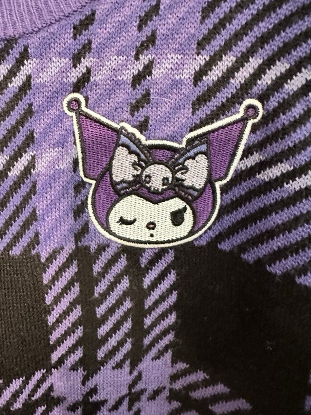 Sanrio Kuromi Hello Kitty Women Lg Knit Plaid Sweater Purple Stretch - Picture 3 of 7